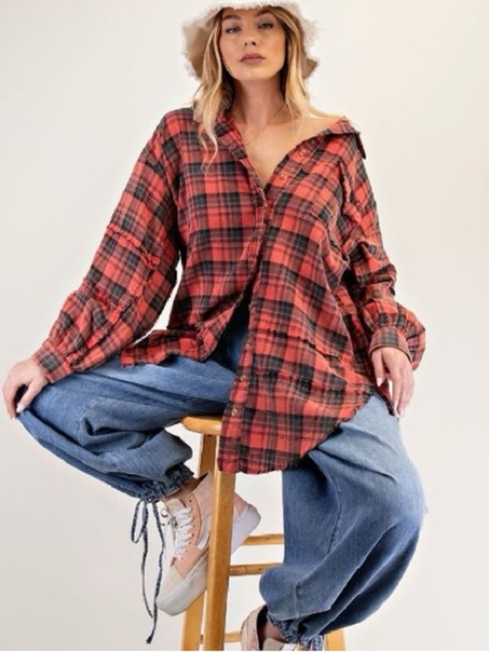 Easel Oversized Plaid Flannel Button Down Shirt
